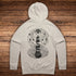 Cosmic Connection mystical midweight hoodie in white heather, bone, and Pink with esoteric, psychedelic design, kangaroo pocket, and raglan sleeves.